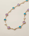 Spring Shower Drops Necklace full length — lavender, teal, and clear crystal stations on gold-tone chain