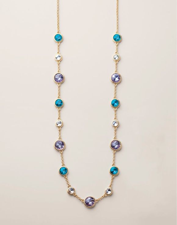 Spring Shower Drops Necklace close-up — bezel-set crystal detail on gold-tone chain