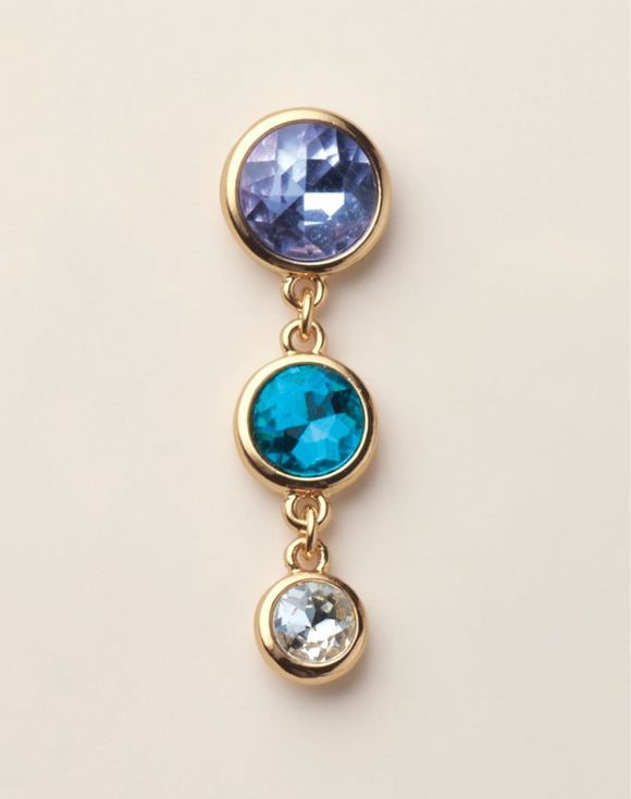 Spring Shower Drops Earrings single earring detail — lavender, teal, and clear crystals in gold-tone setting