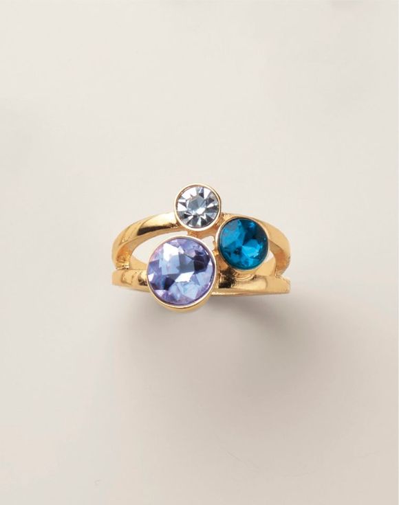 Spring Shower Drops Ring angled view — triple crystal cluster in gold-tone setting