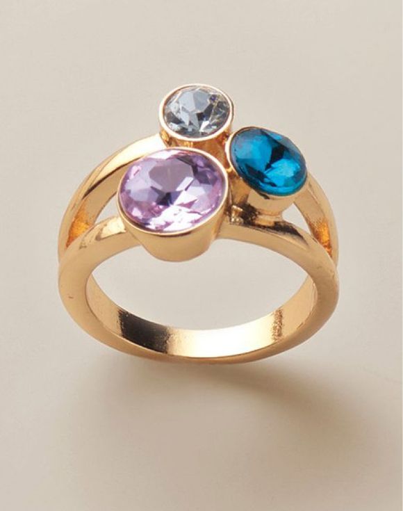 Spring Shower Drops Ring top view — lavender, teal, and clear crystal cluster in gold-tone
