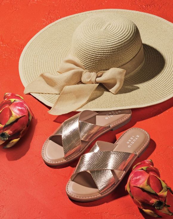Rio Sandals - top-down and side view showing both sandals and flat sole profile