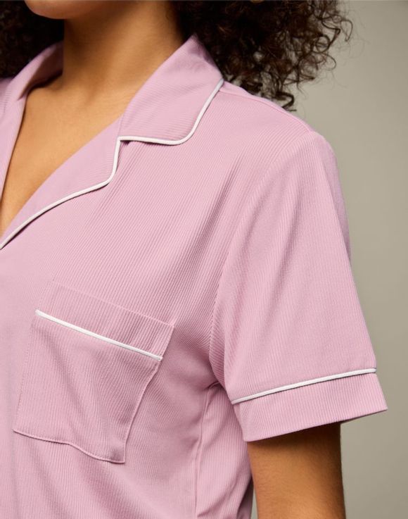 Ribbed Short-Sleeve PJ Set - dusty pink, close-up of collar and chest pocket detail