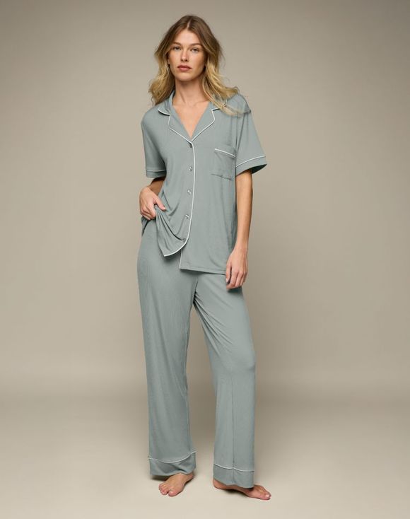 Ribbed Short-Sleeve PJ Set - sage green, model wearing full set front view