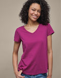 Four-Pack V-Neck Tees model wearing magenta tee smiling
