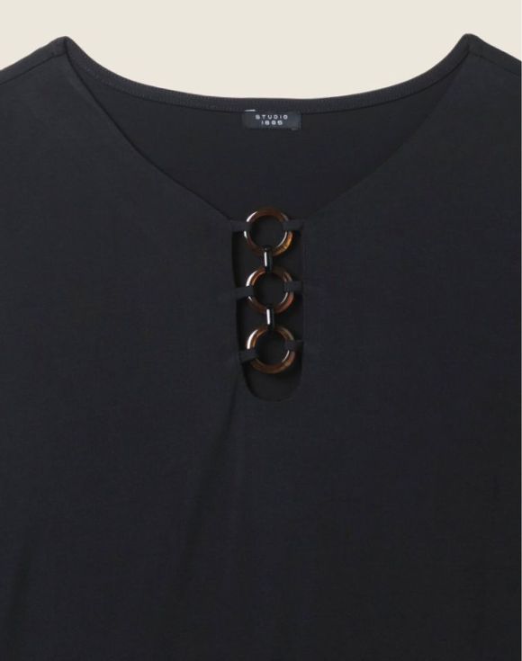 Ring Detail Top tortoise-shell ring neckline detail close-up