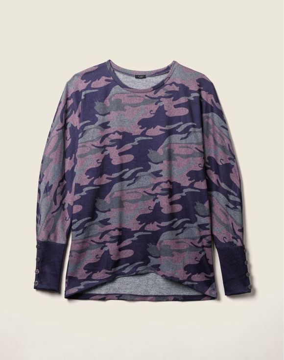 Dolman Button Sleeve Top - purple camo full front view