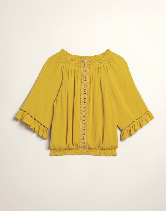 Flowy Top neckline and crochet lace detail close-up