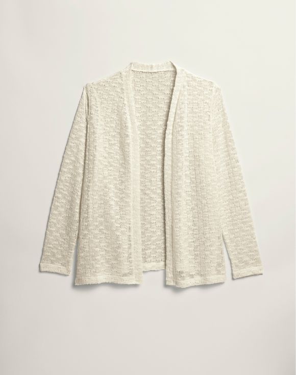 Knit Cardigan - model wearing cream cardigan, side and back view showing open-weave texture