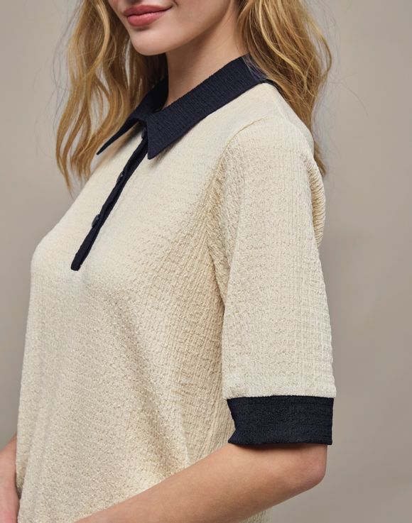 Two-Tone Top - close-up of navy contrast collar and 3-button placket detail