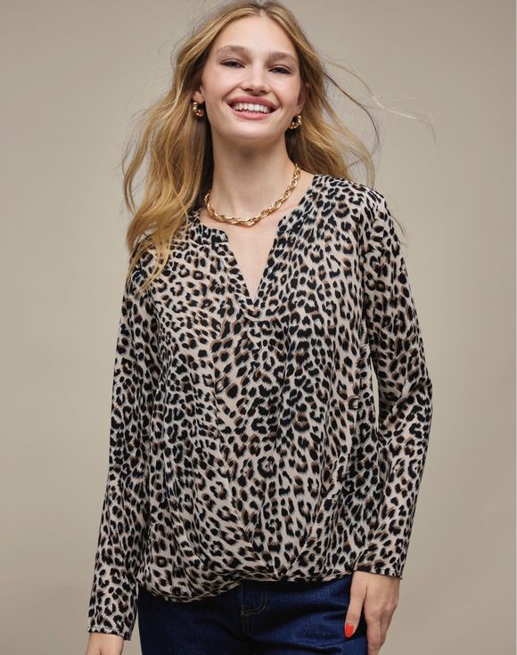 Animal Print Blouse - front model shot showing draped V-neckline
