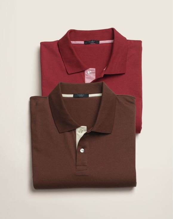 Men's Polo Shirt - brown, flat lay front view on cream background