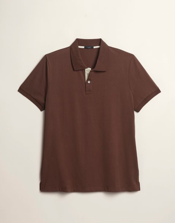 Men's Polo Shirt - burgundy and brown, two folded polos stacked flat lay
