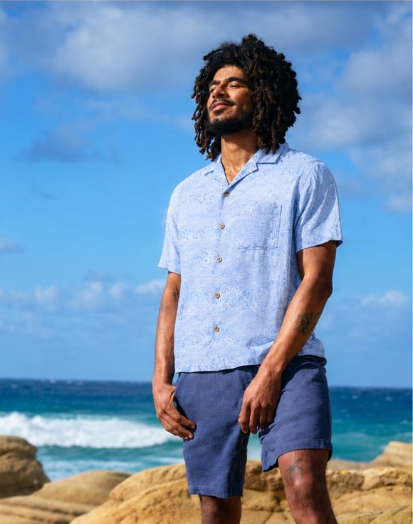 Men's Printed Button Down Shirt - tropical palm tree print, model wearing sunglasses against wall