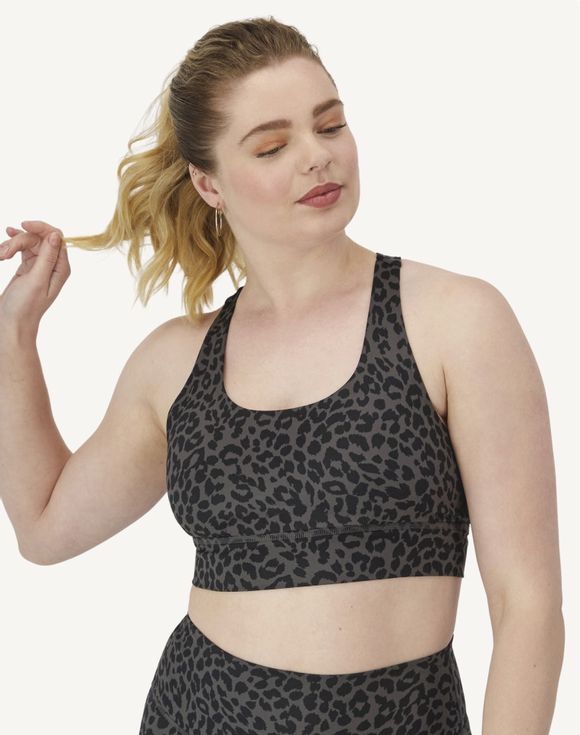 Hanes Moves Racerback Sports Bra leopard print front view plus size model