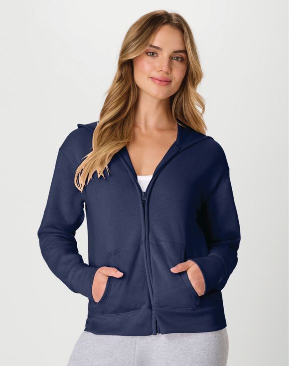 Hanes EcoSmart Full-Zip Fleece Hoodie navy front view model