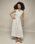 Metallic Stripe Wrap Dress - full length front view on model