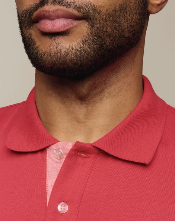 Men's Polo Shirt - red and cream folded flat lay